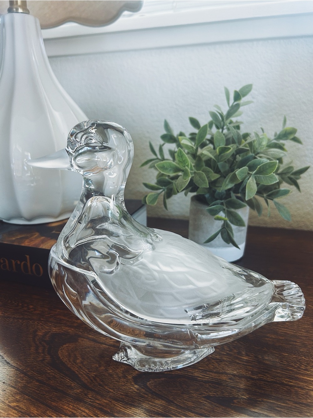 Vintage clear glass duck covered candy dish/trinket dish